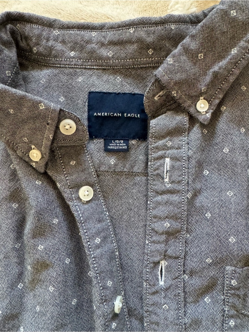 American Eagle Outfitters Men's Charcoal Grey Button-Up Patterned Shirt